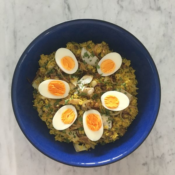 fluffy rice scented with curry spices and creamy soft boiled egg in Mary's recipe