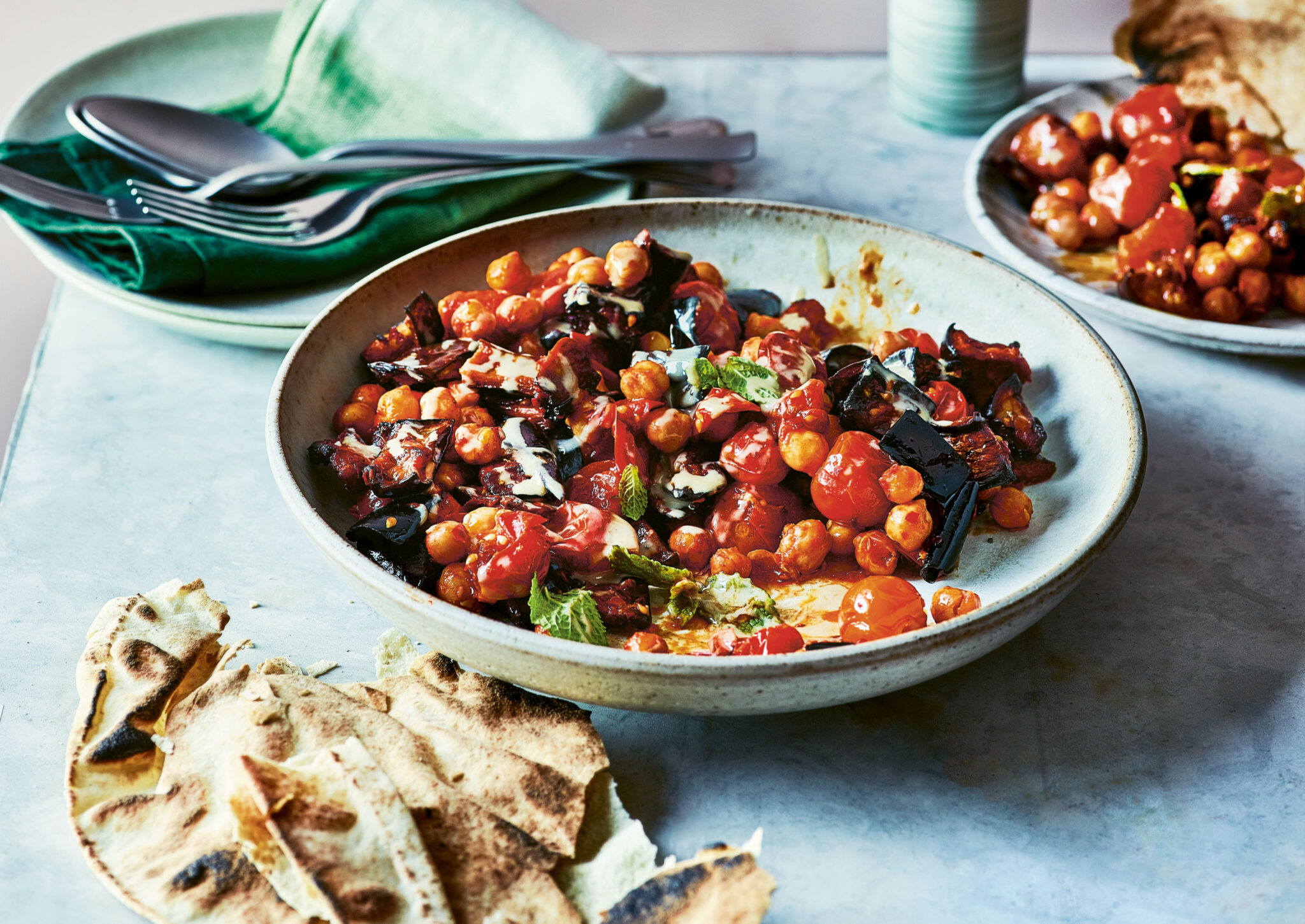 Aubergine, Tomato and Chickpea Traybake | Vegan Recipes