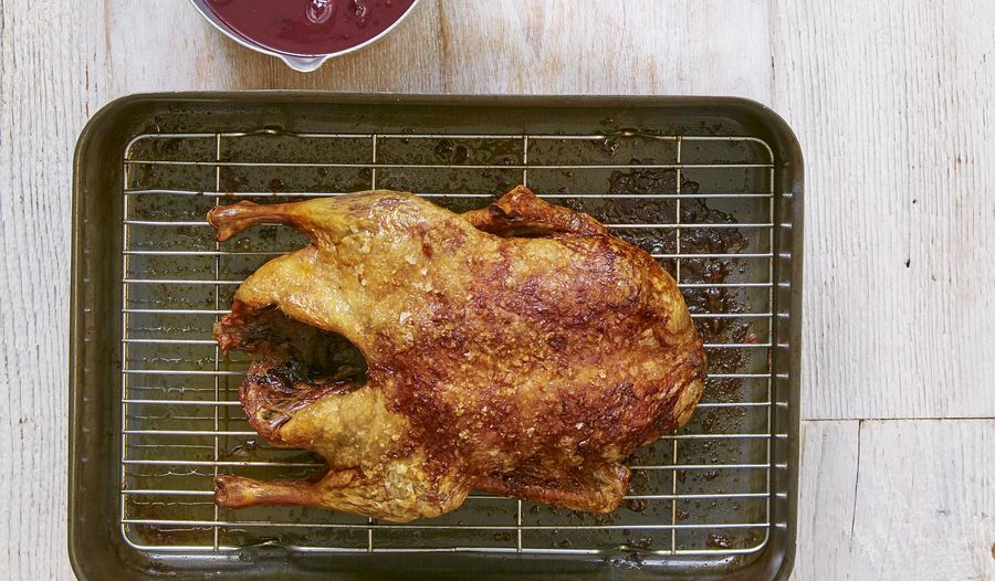 Mary Berry's recipe for Slow-Roast Duck with Port & Cherry Sauce from Classic
