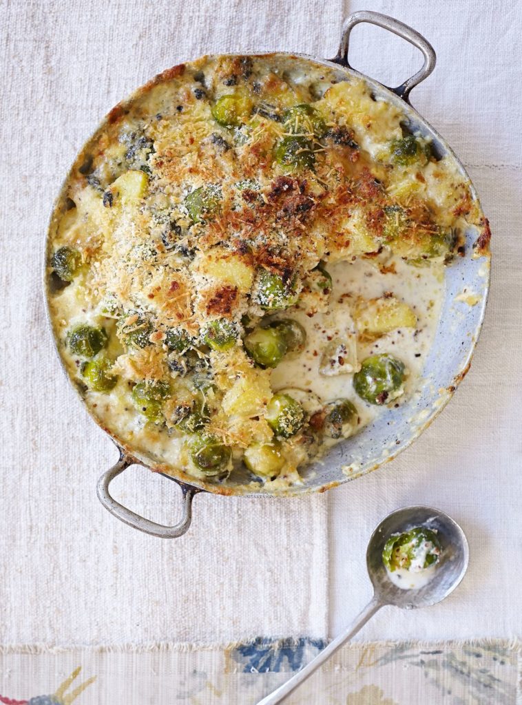Creamy Cheese, Brussels Sprout and Almond Gratin