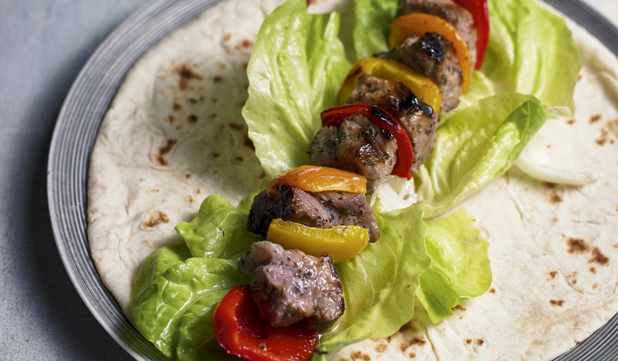 Eat Well For Less Pork Souvlaki in Flatbread with Tzatziki Recipe