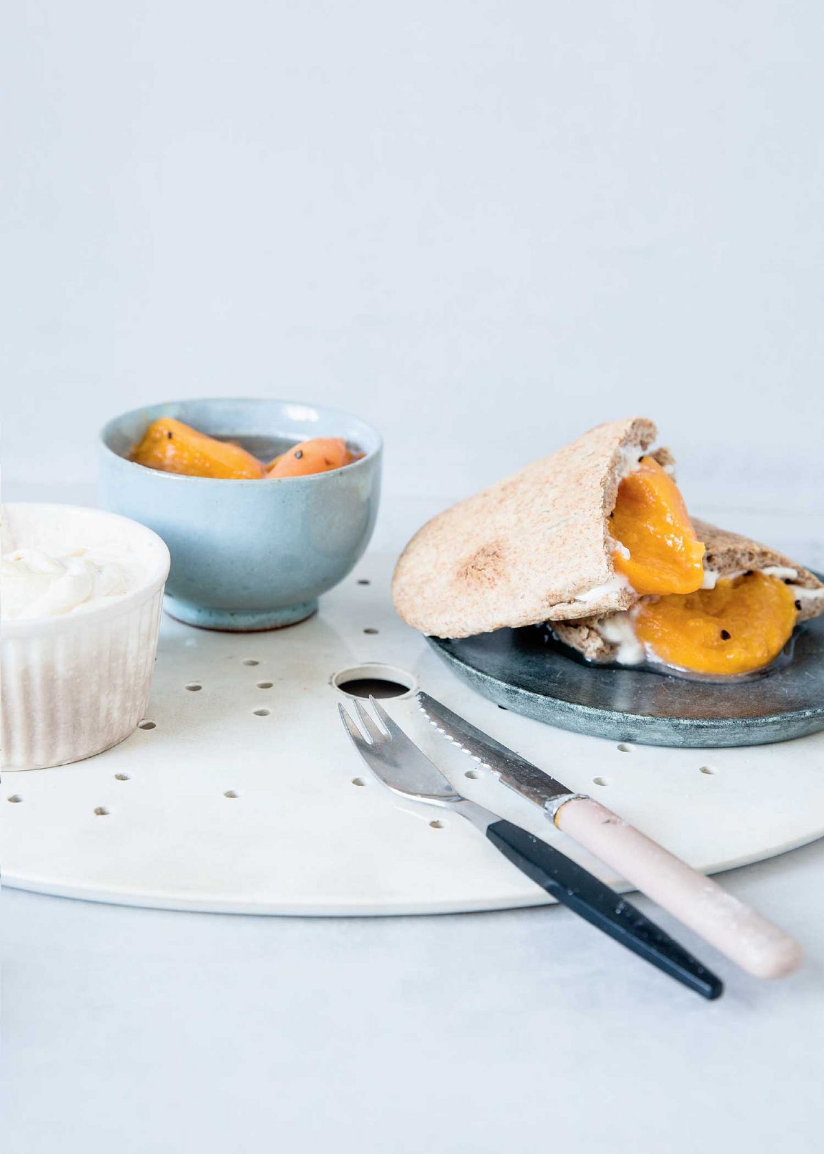 Spelt and Rosemary Pittas with Apricot Compote and Tahini Yogurt