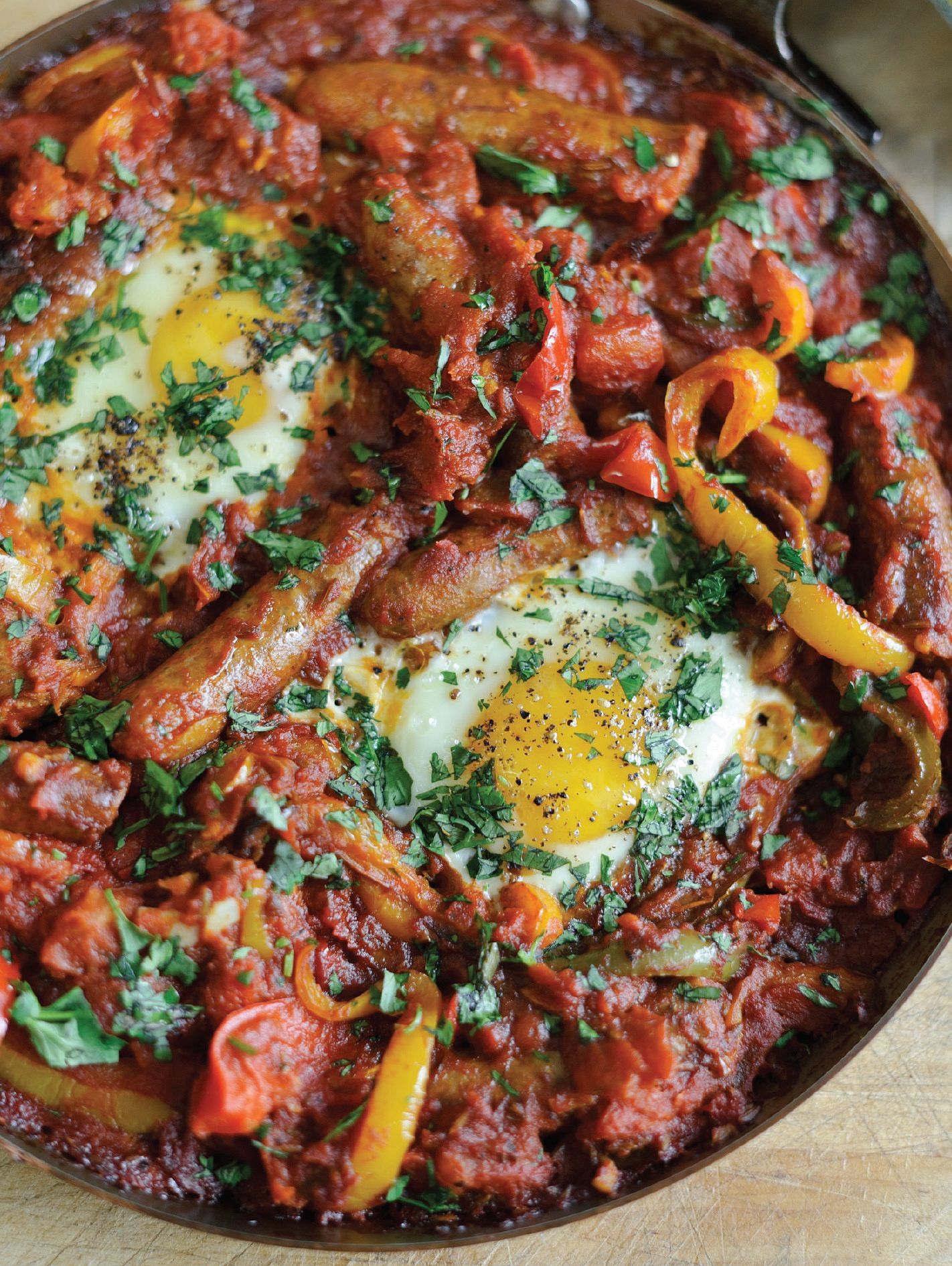 Tunisian-inspired Baked Eggs with Merguez Sausages |  Brunch Recipe