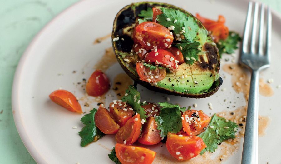 Grilled Avocado and Cherry Tomato with Lime and Coriander