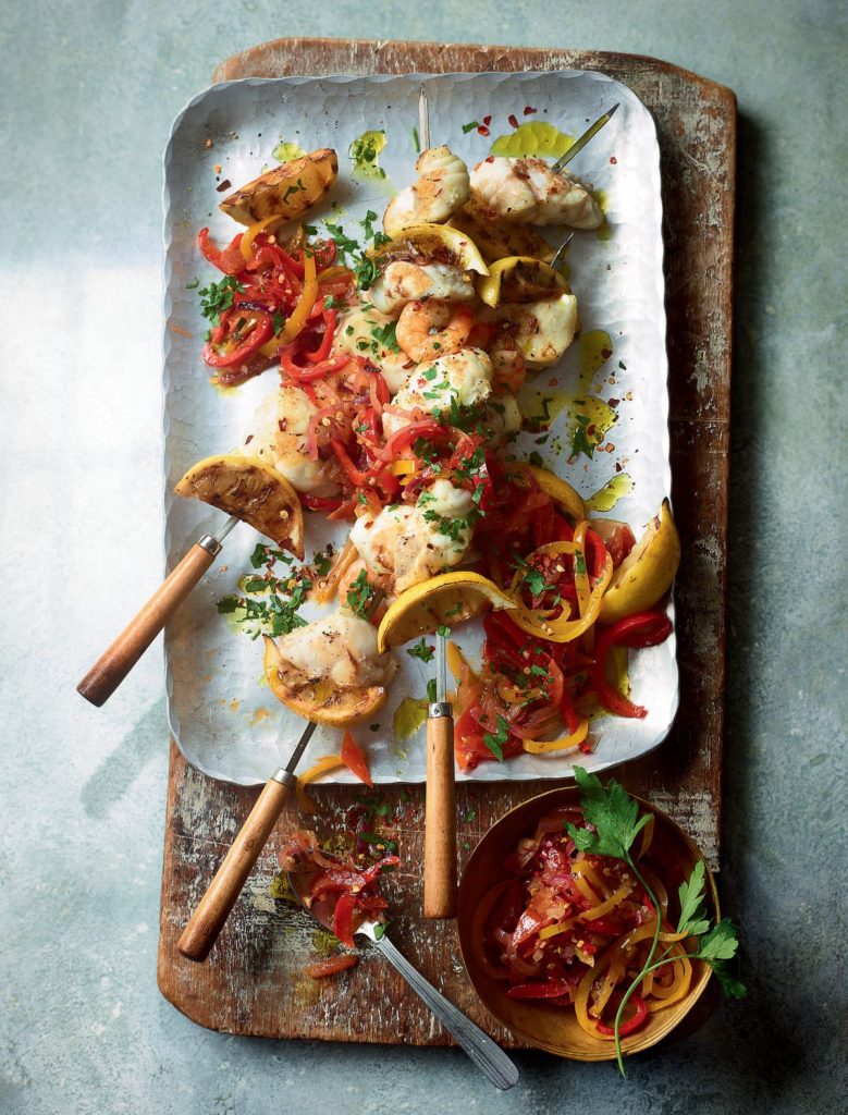 Ainsley Harriott’s Seafood Skewers with Peperonata