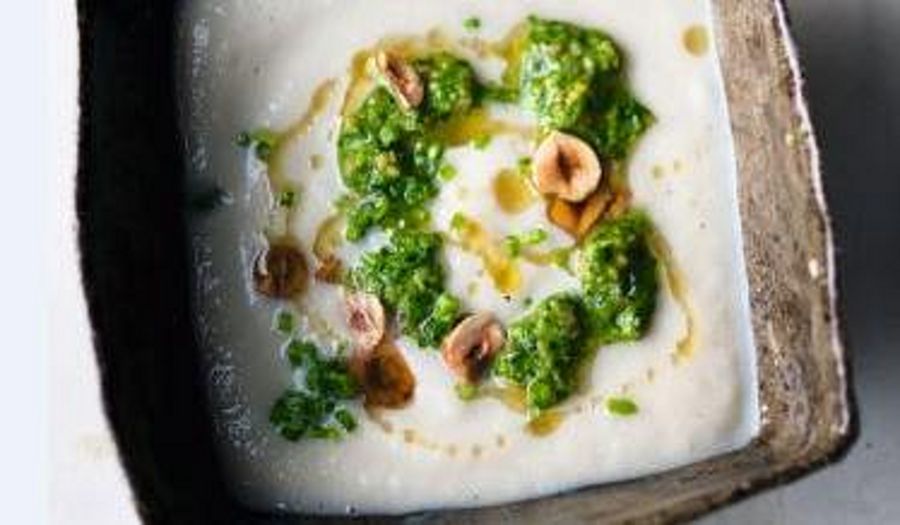 Jerusalem Artichoke Soup with Hazelnut and Spinach Pesto from NOPI: The Cookbook