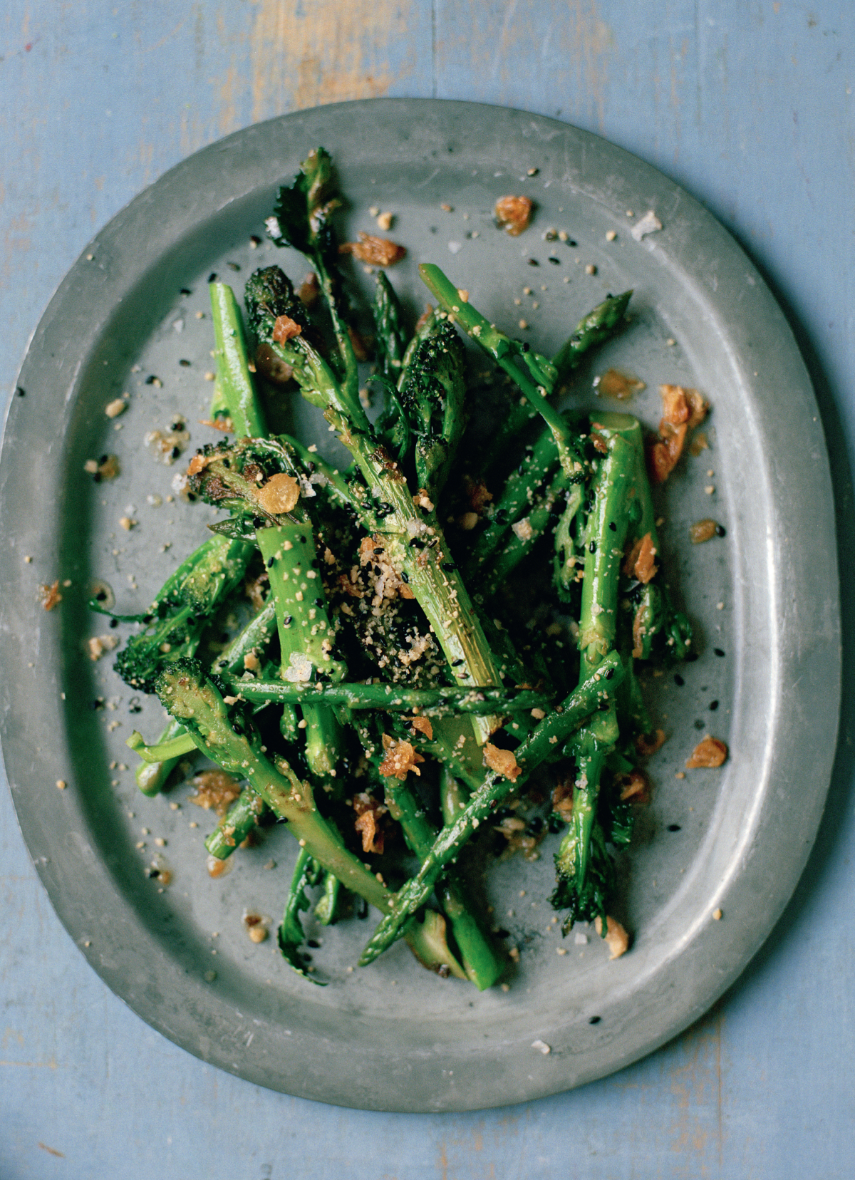 Asparagus and Sprouting Broccoli with Peanuts and Black Sesame Salt