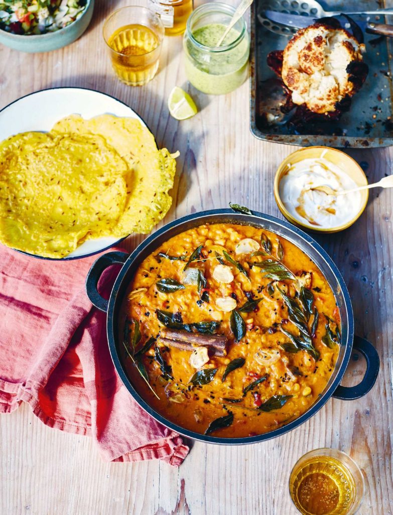 Aubergine Dal with Crispy Cauliflower, Green Chutney, Dosa and a Crunchy Salad
