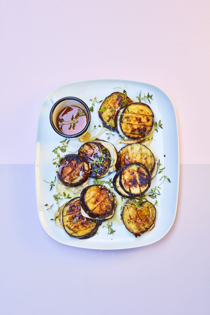 Aubergine and Goat’s Cheese Burger Stacks with Honey and Thyme