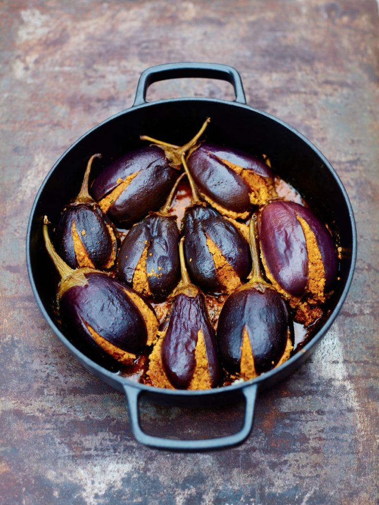 Baby Aubergines Stuffed with Peanut and Coconut