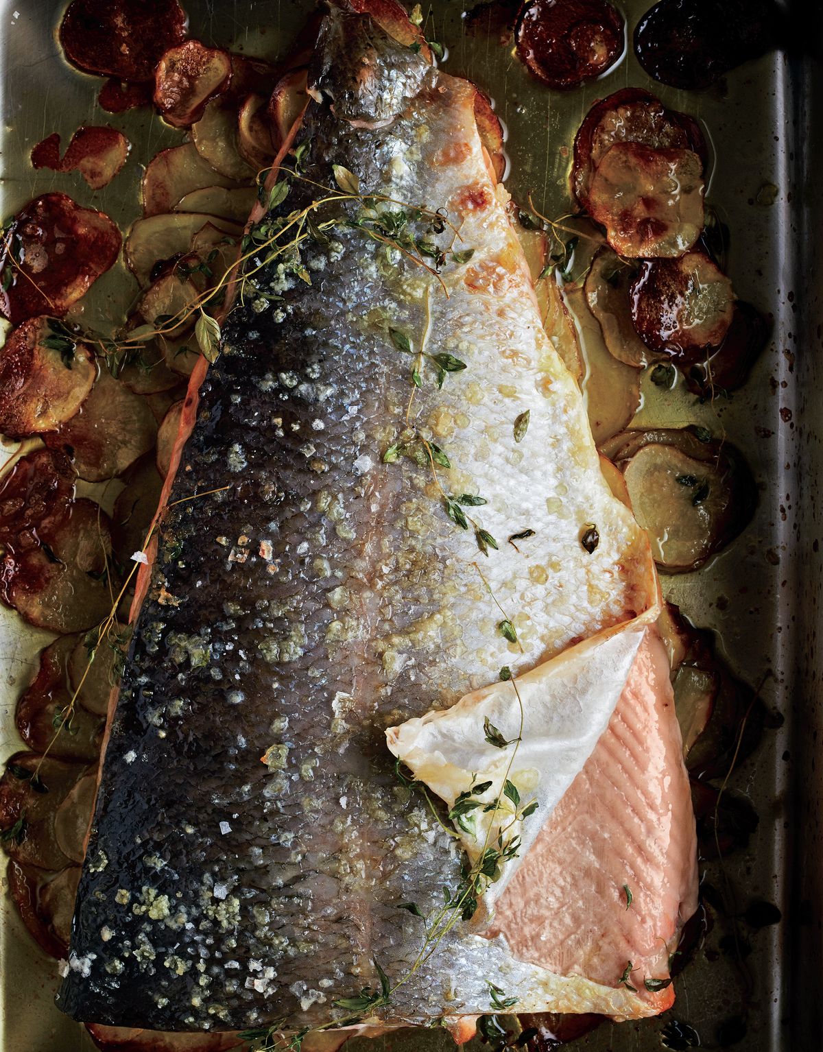 Baked Salmon with Thyme and Thin Potatoes
