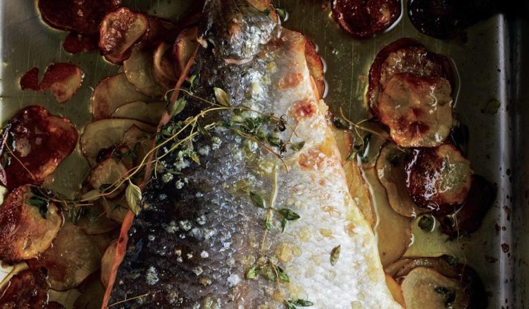 Baked Salmon with Thyme and Thin Potatoes