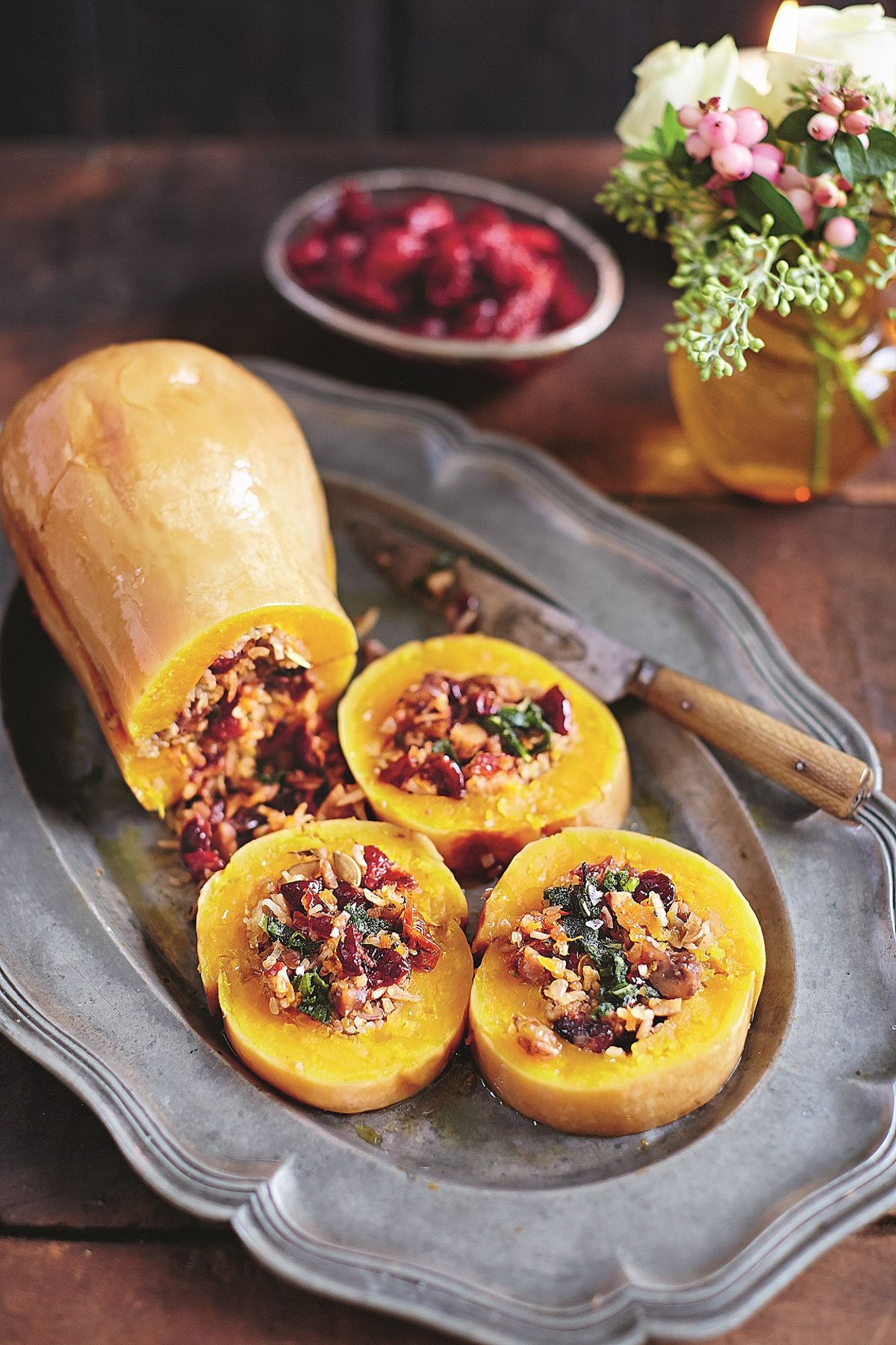 Baked Squash Stuffed with Nutty Cranberry-spiked Rice