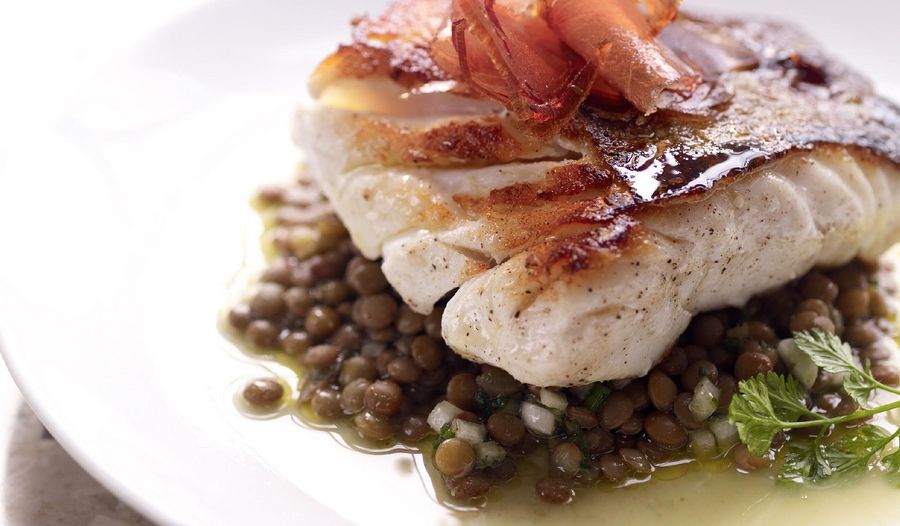 Cod with a Warm Salad of Lentils and Mojama