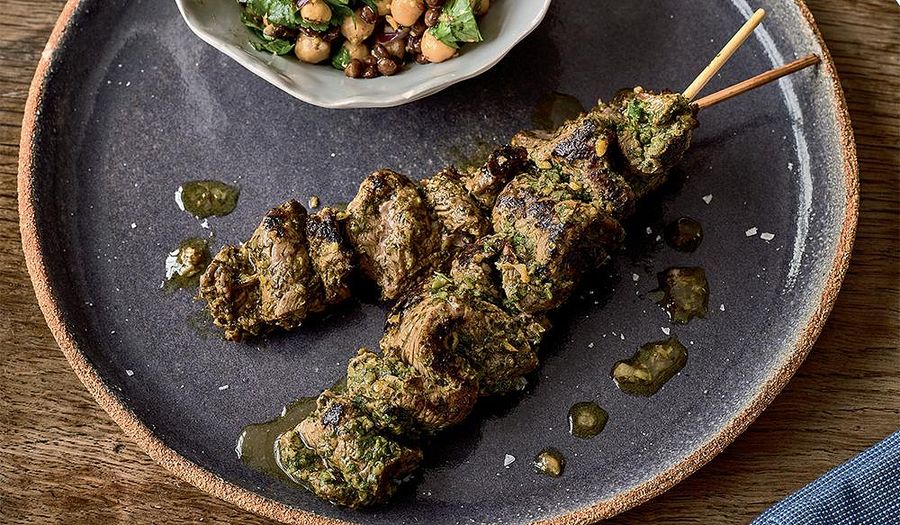 Beef Skewers with Puy Lentil and Chickpea Salad