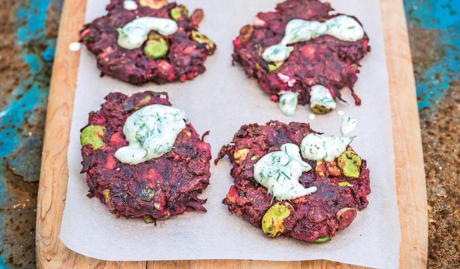 Beetroot and Cumin Fritters with Horseradish and Dill Yoghurt
