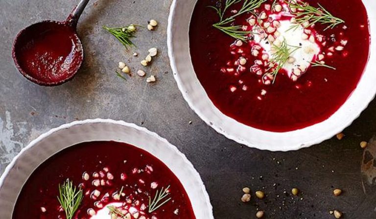 Beetroot and Buckwheat Soup with Lemon Yoghurt Sauce