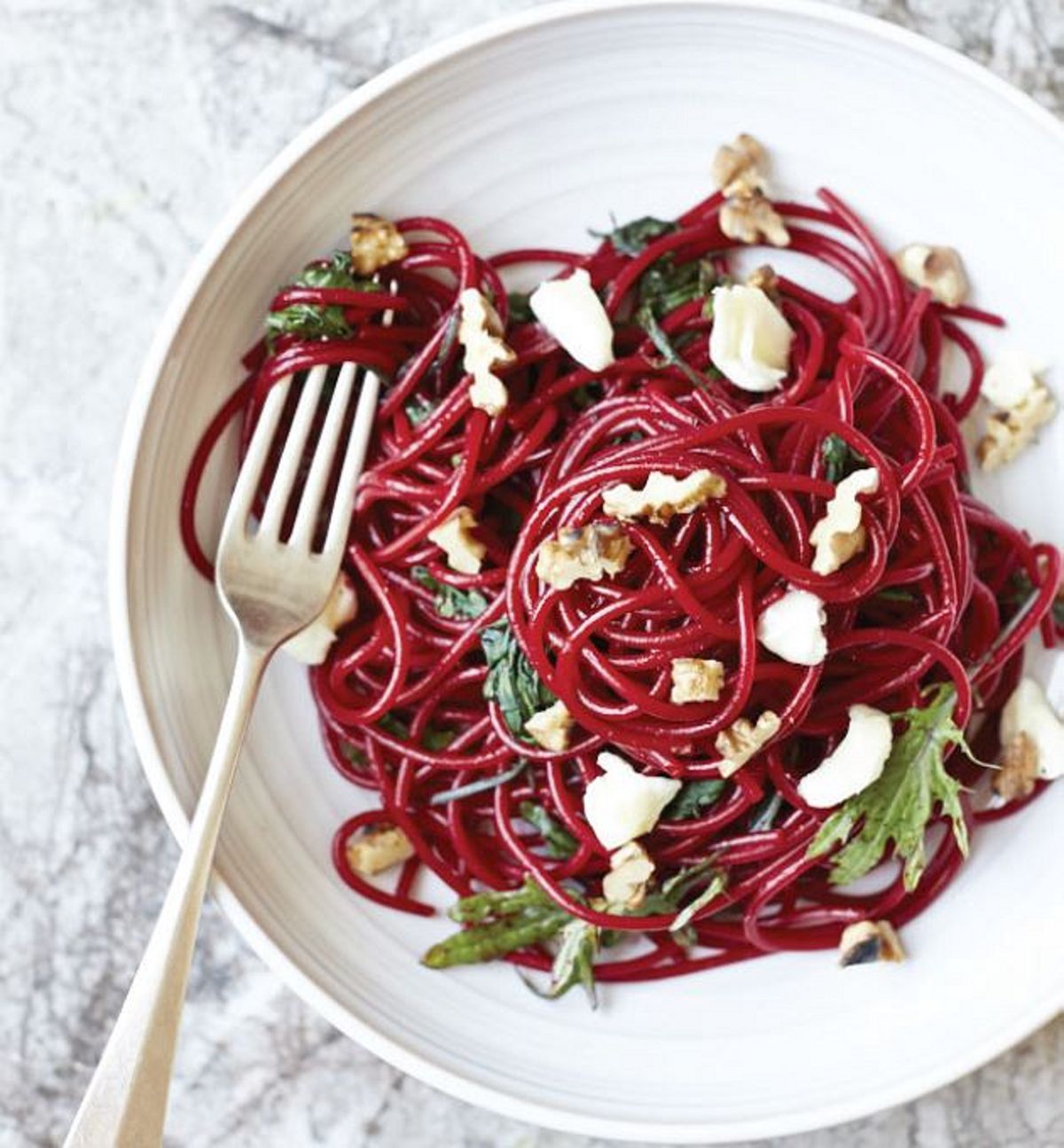 Beetroot Noodles with Goat’s Cheese, Toasted Walnuts and Baby Kale