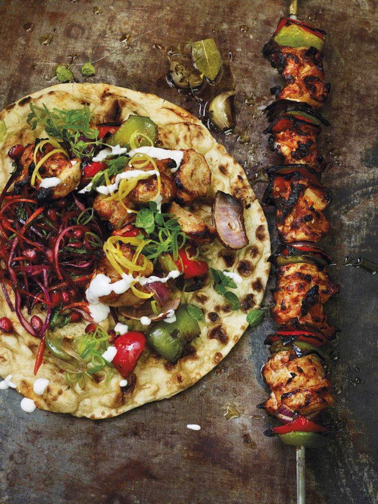 Buttermilk Chicken Shish Kebab with Quick Lemon Pickle and Oregano