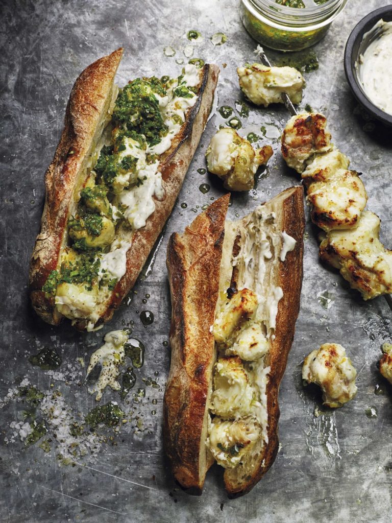 Skewered Monkfish Kebabs with Green Charmoula Dressing and Caper Mayonnaise