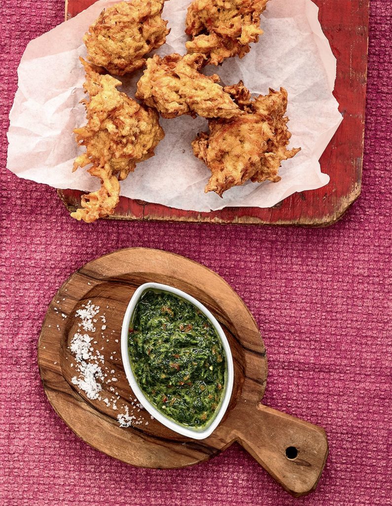 Curry, Carrot and Parsnip Bhajis with Coriander and Chilli Chutney