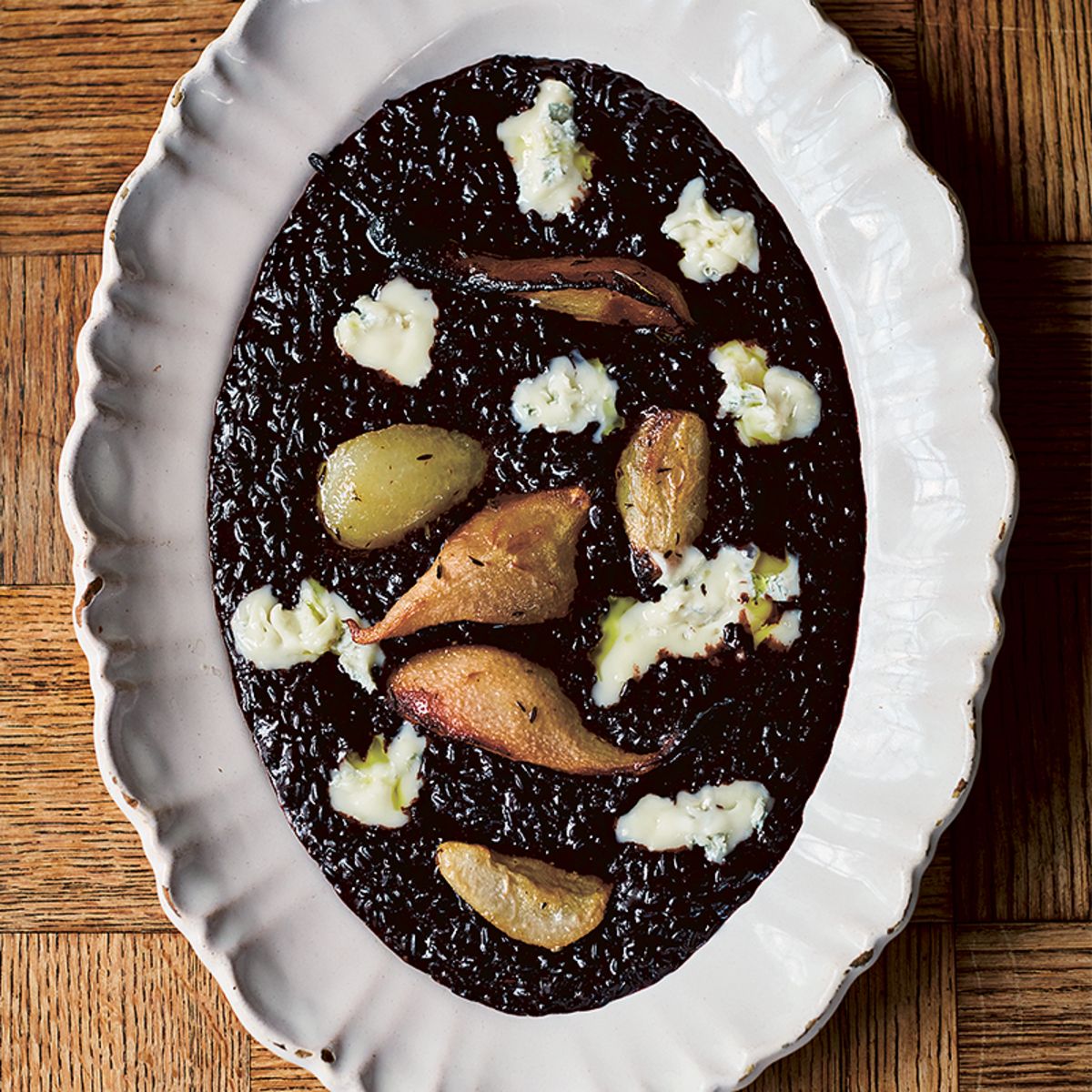 Jamie Oliver’s Oozy Black Rice with Sweet Roasted Pears, Thyme and Gorgonzola