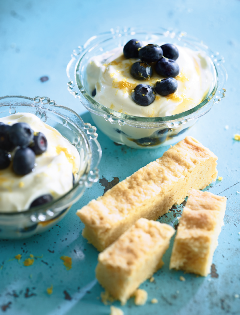 Gluten-free lemon shortbread with lemon and blueberry fool