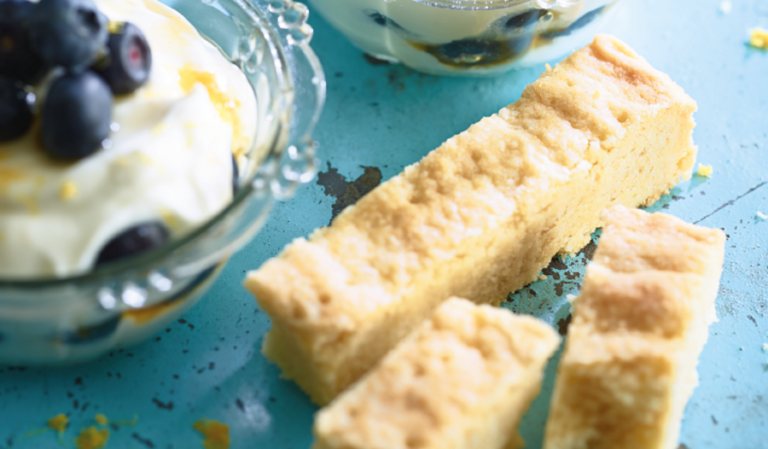 Gluten-free lemon shortbread with lemon and blueberry fool