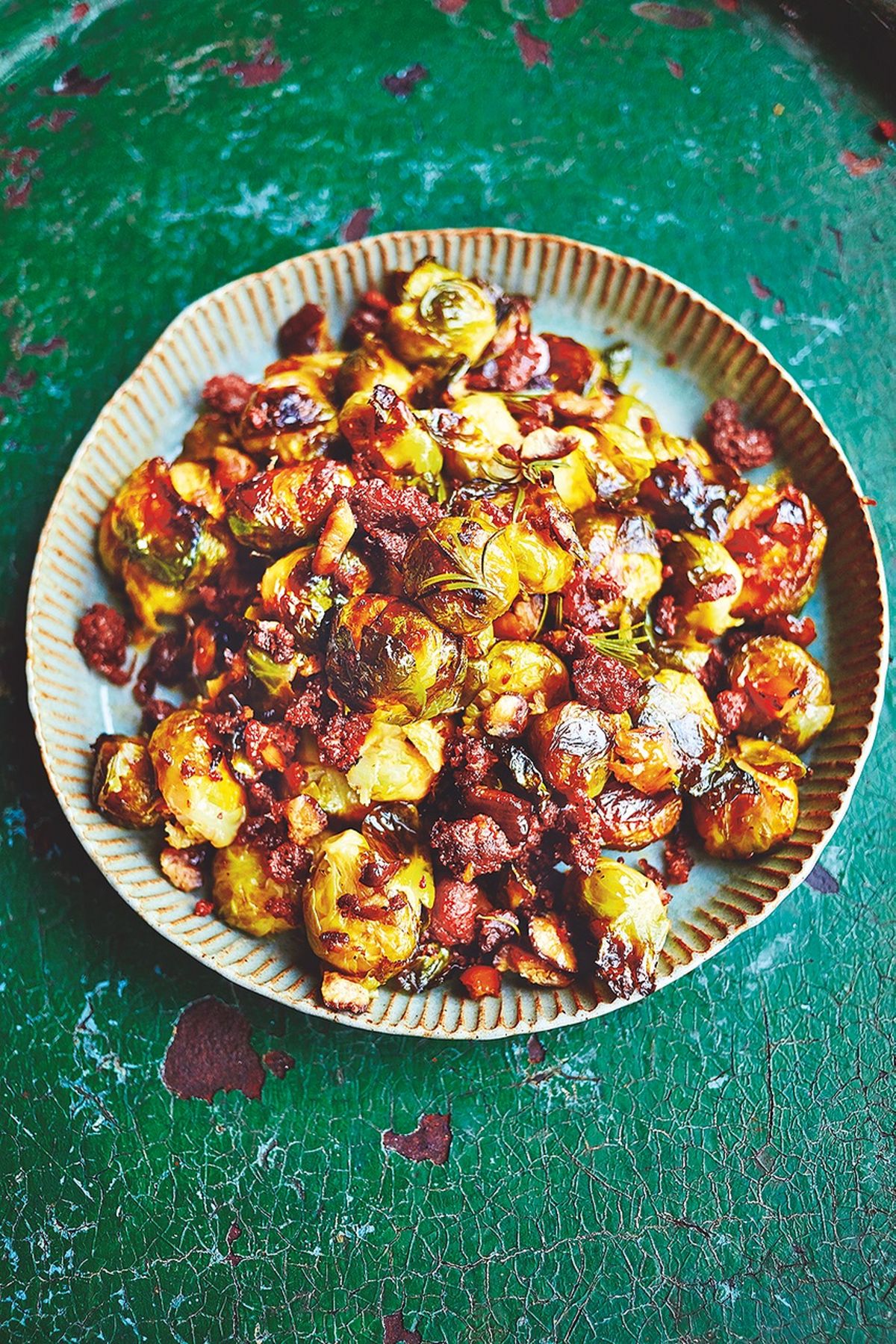 Squashed Brussels Roasted with Chorizo & Chestnuts