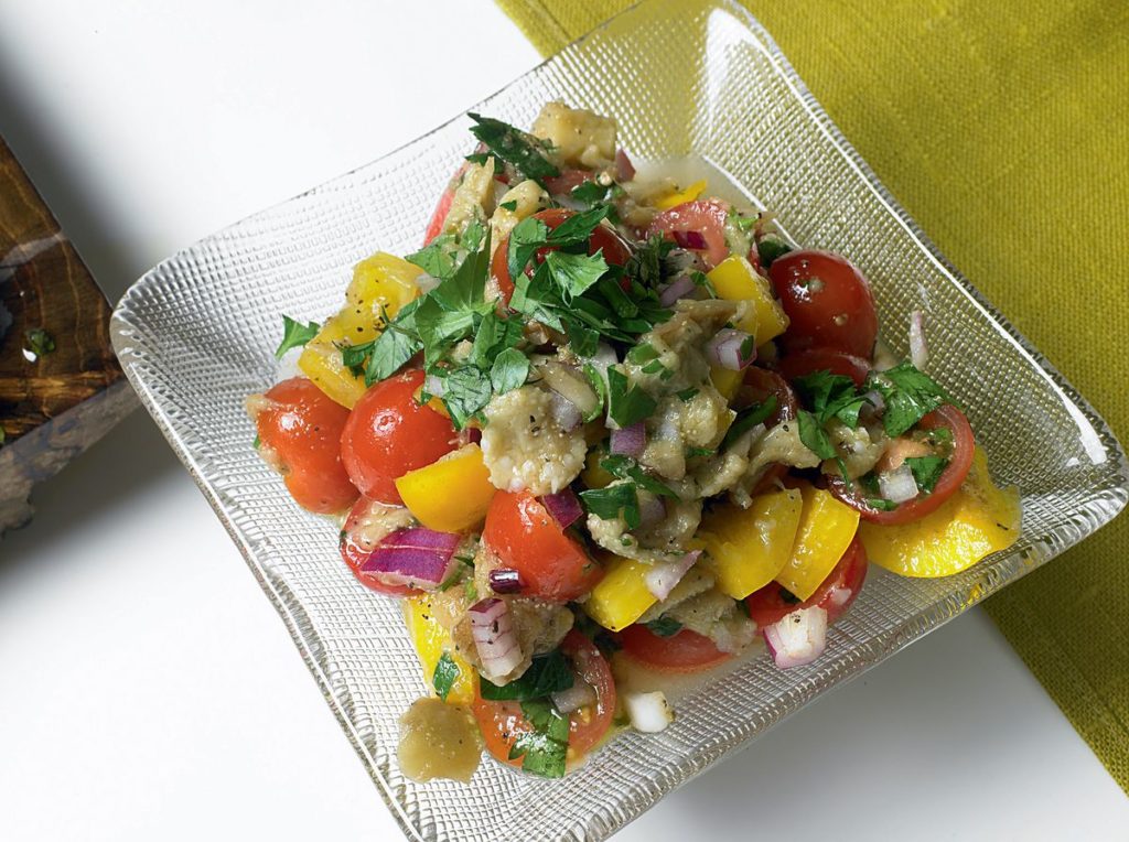 Burnt Aubergine with Yellow Pepper and Red Onion