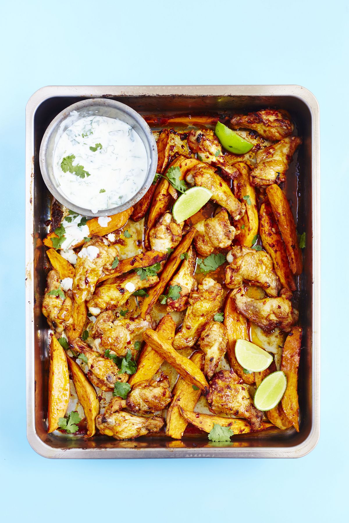 Spicy Chipotle Chicken Wings with Sweet Potato Wedges, Coriander and Lime Yogurt