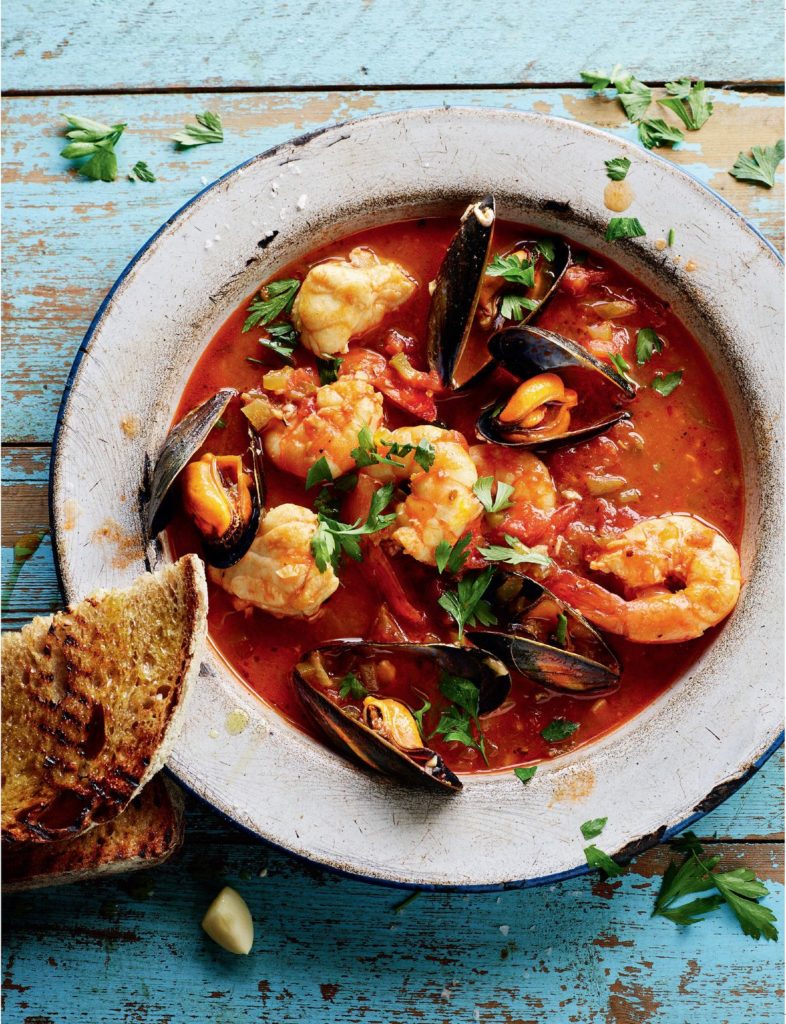 Monkfish, Mussel and Prawn Stew with Char-grilled Sourdough (Cioppino)