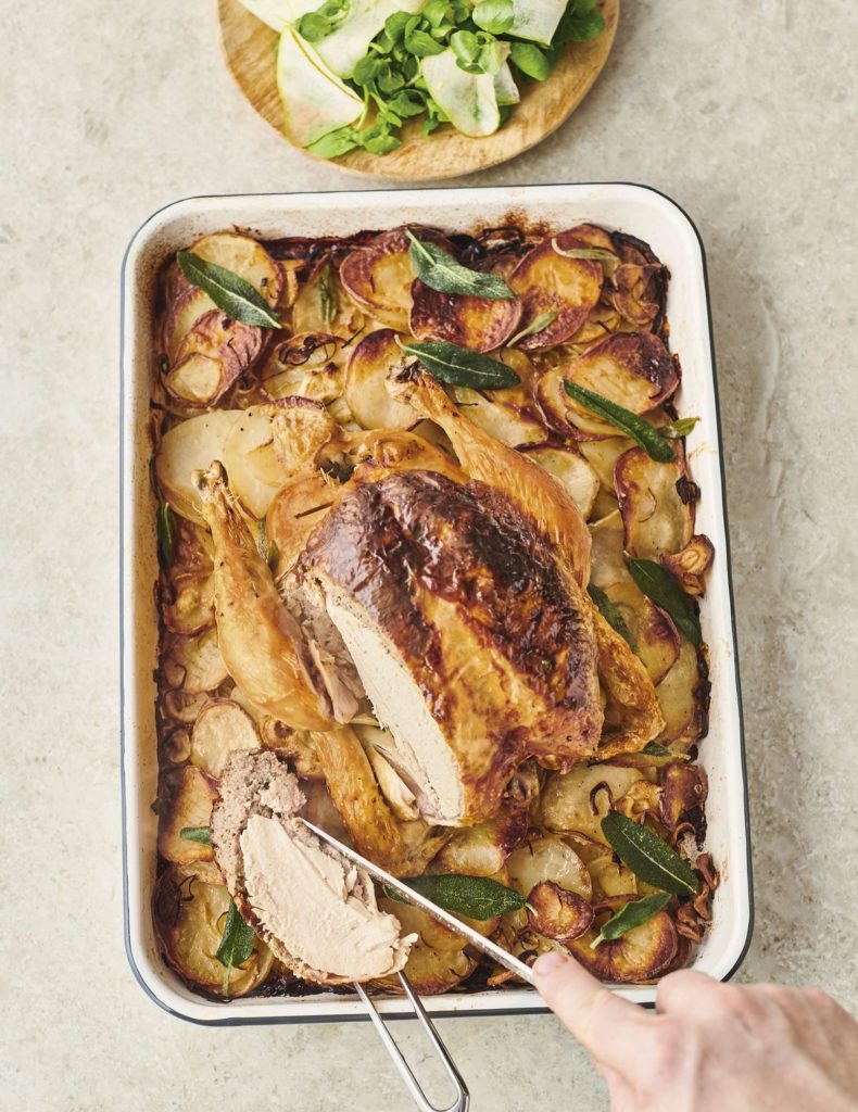 Jamie Oliver’s Cumberland Roast Chicken with Roast Potato, Parsnip, Leek and Sage Traybake, Pear and Watercress
