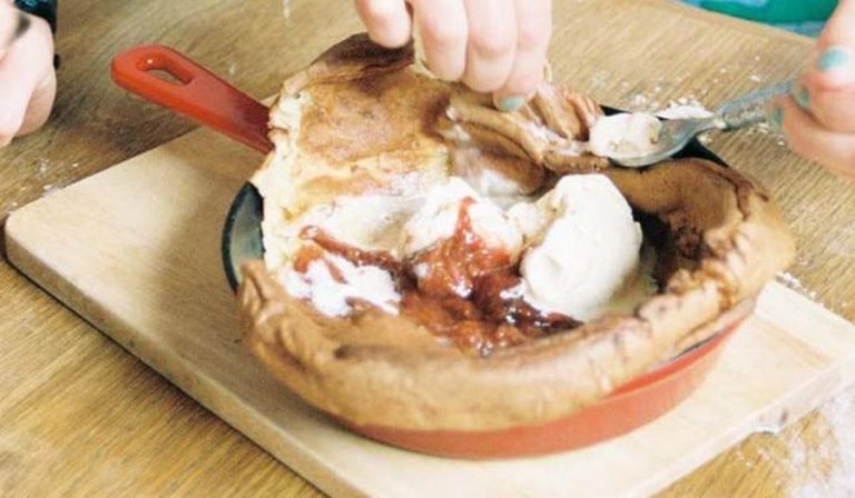 Dutch Baby Pancake with Cinnamon Rhubarb compote