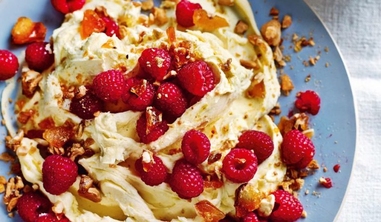 English Raspberries with Crema di Mascarpone and Almond Croquante