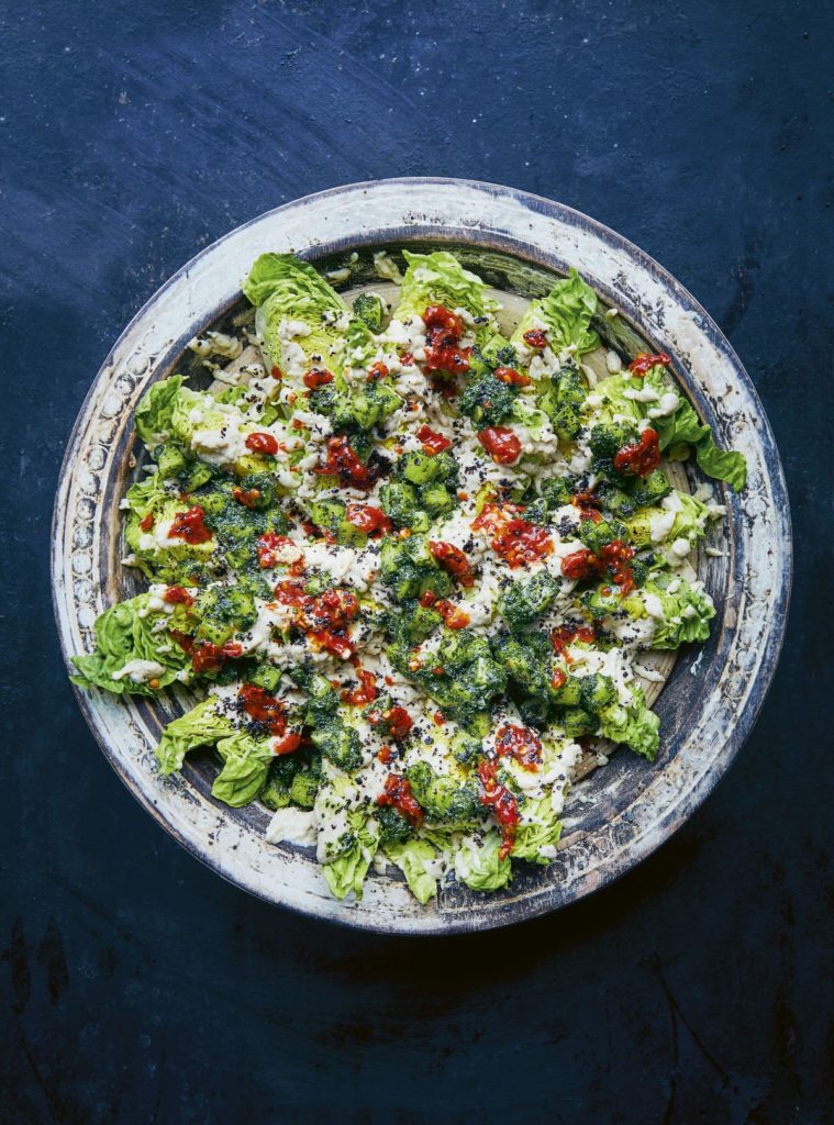 Baby Gem Lettuce with Burnt Aubergine Yoghurt, Smacked Cucumber and Shatta