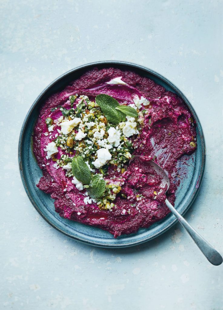 Beetroot and Sweet Potato Dip with Pistachio Bulgur Salsa