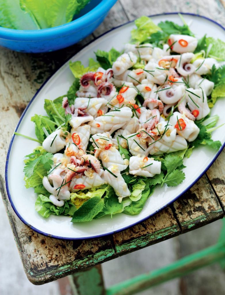 Hot and Sour Squid Salad with Chilli, Lime Leaf, Mint and Coriander (Yam pla muk)