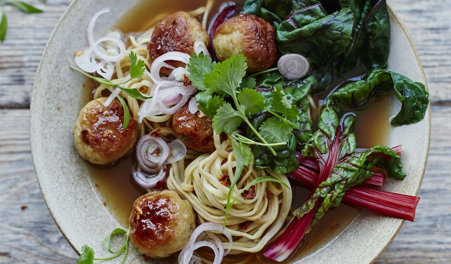 Chicken Bakso with Pickled Shallots from Stirring Slowly