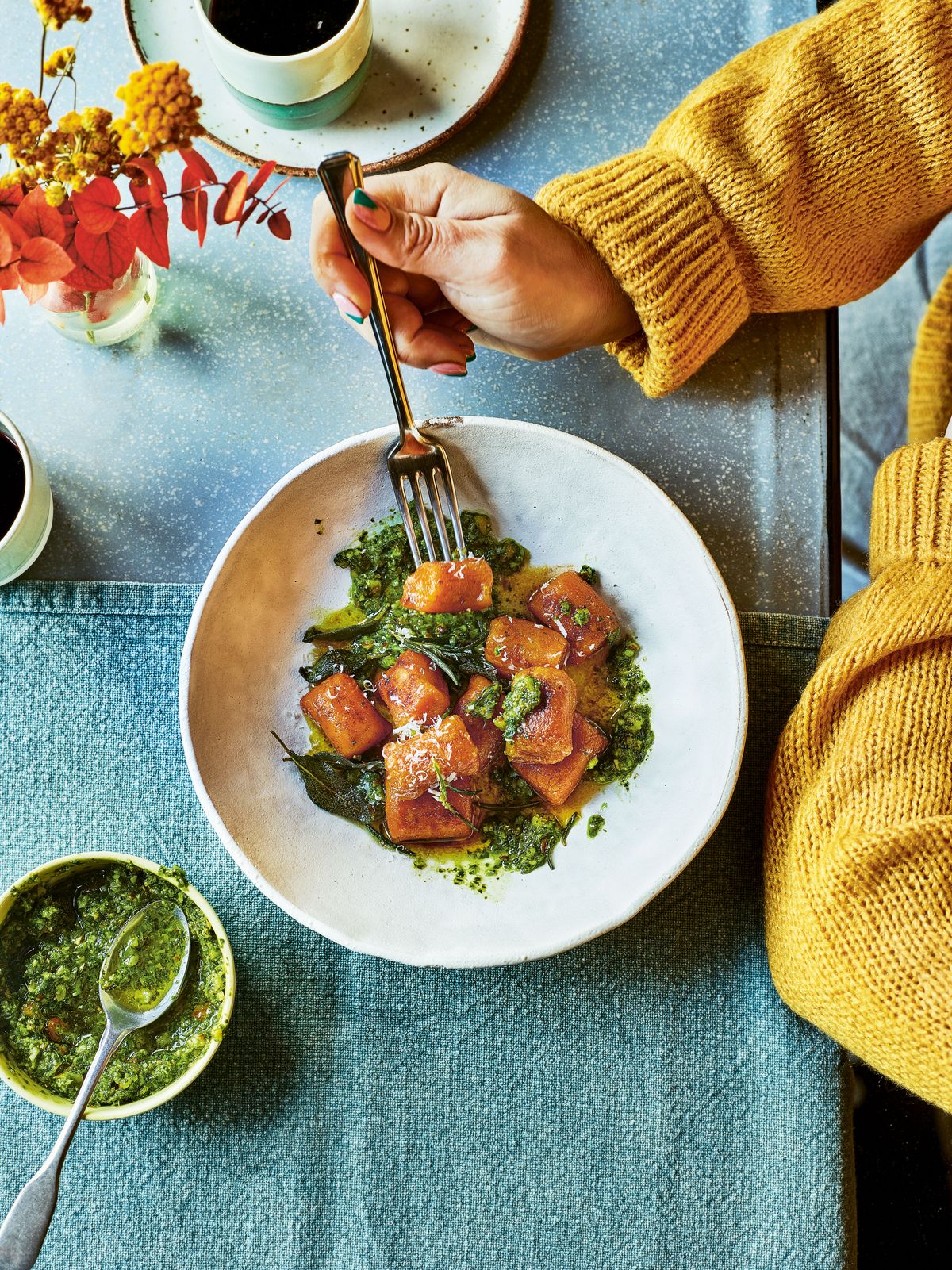 Pan-fried Pumpkin Gnocchi with Brown Herb Butter and Kale and Almond Pesto