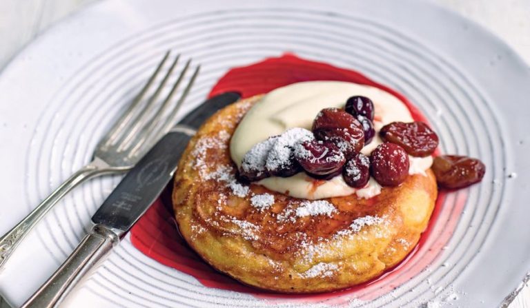 Goats’ Curd Pancakes with Pomegranate Molasses Roast Grapes