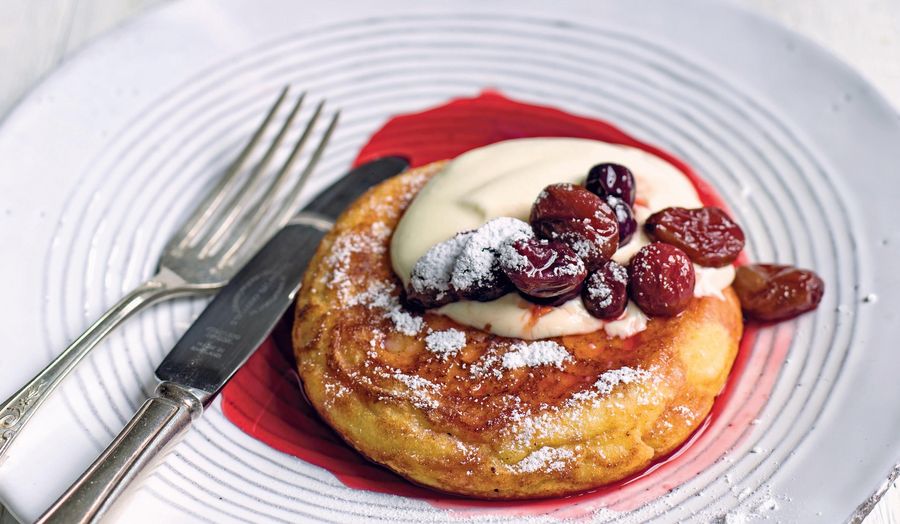 Goats’ Curd Pancakes with Pomegranate Molasses Roast Grapes
