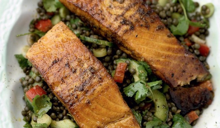Griddled Indian Salmon with Spiced Lentil Salad