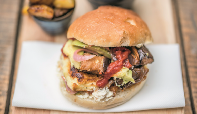 Grilled Halloumi Burgers with Chilli Ketchup and Tahini Mayo