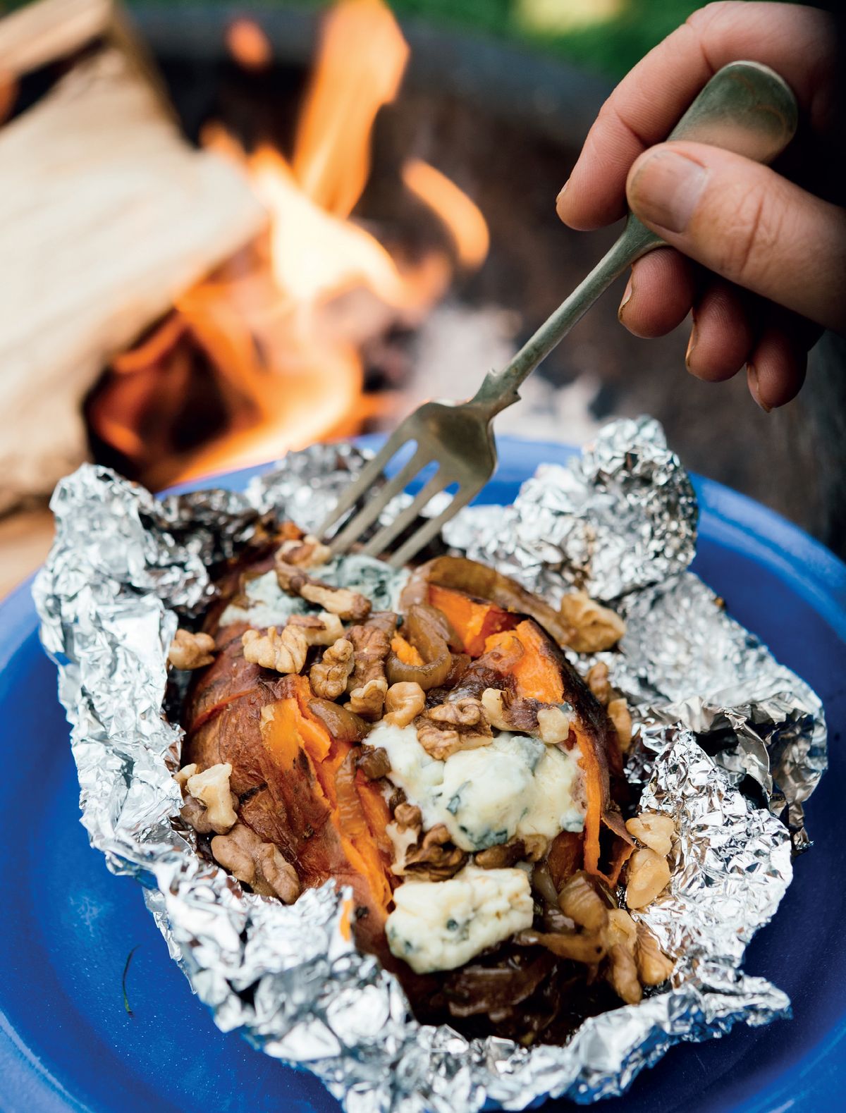 Fire-Baked Sweet Potatoes with Balsamic Onions, Blue Cheese and Walnuts