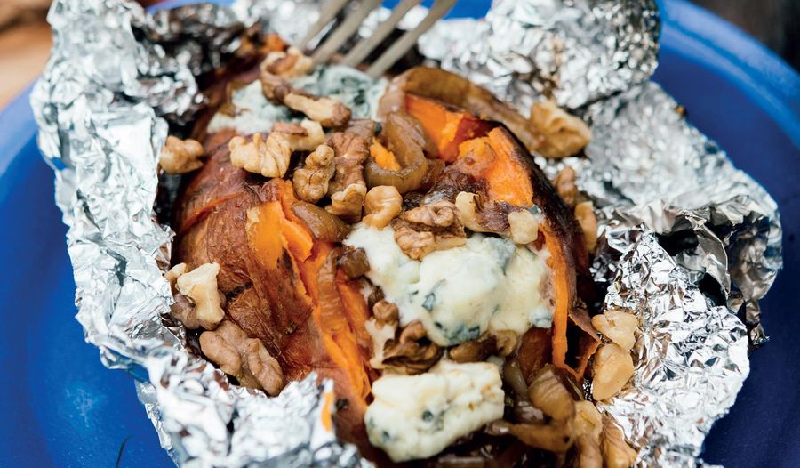 Fire-Baked Sweet Potatoes with Balsamic Onions