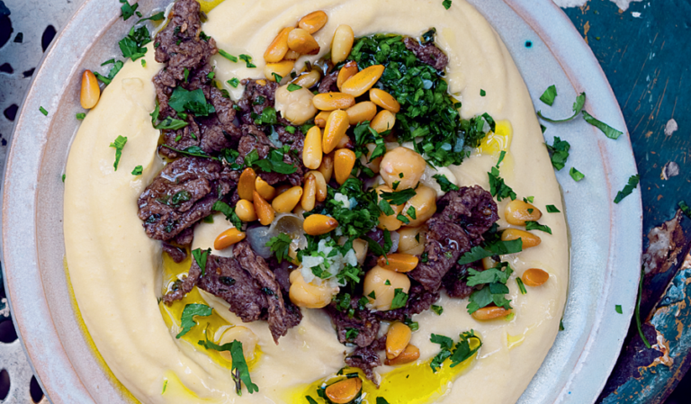 Hummus kawarma (lamb) with lemon sauce from Jerusalem