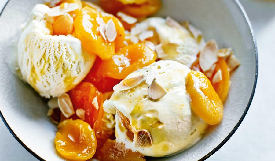 Amaretto-soaked Apricots with Toasted Almonds and Vanilla Ice Cream Recipe