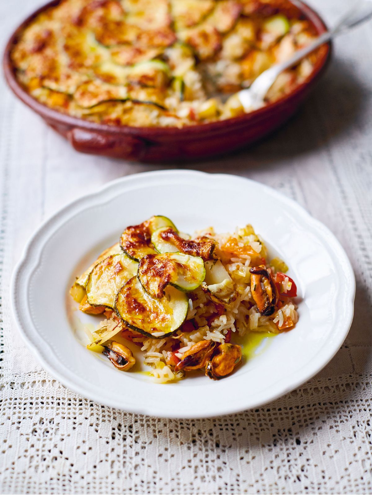 Jamie Oliver’s Baked Tiella Rice with Mussels, Courgette, Cherry Tomatoes, White Wine and Parmesan