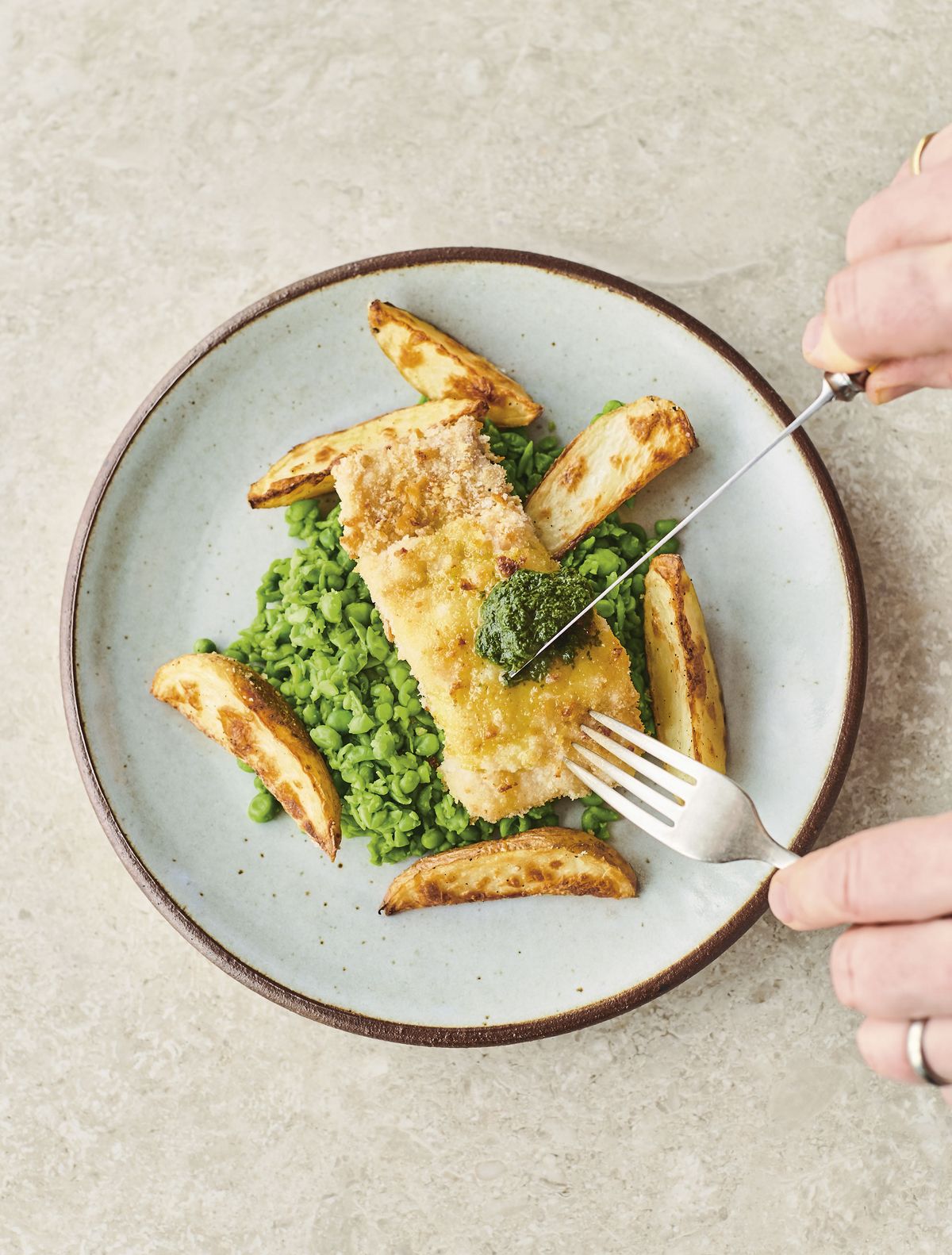 Jamie Oliver’s Cheat’s Fish and Chips with Bacon Crumb, Smashed Peas and Quick Mint Sauce